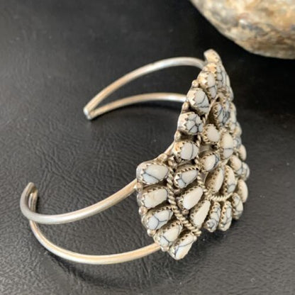 Navajo White Buffalo Turquoise Cluster Cuff Bracelet | Sterling Silver | Authentic Native American Handmade | 12102