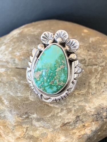 Women's Navajo Green Sonoran Turquoise Ring | Sterling Silver | Sz 9.5 | Authentic Native American Handmade | 10419