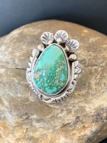 USA Womens Navajo Sterling Silver Green Sonoran Turquoise Ring Sz9.5 10419