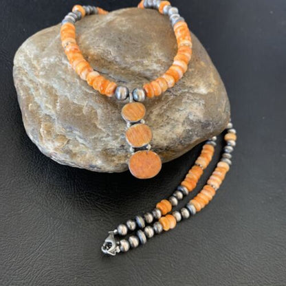 Navajo Pearls Necklace with Orange Spiny Oyster Pendant | Authentic Native American Sterling Silver | Multi-Stone | 12370