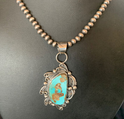 Men's Navajo Blue Dry Creek Turquoise Pendant | Sterling Silver | Pearl Necklace | Native American | 12973