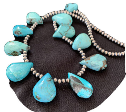 Native American Navajo Pearls Necklace | Sterling Silver Blue Turquoise Teardrop | Authentic Handmade | 942