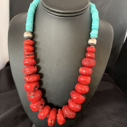 Navajo Red Coral & Turquoise Bead Necklace | Sterling Silver | Authentic Native American | 21" | 13163