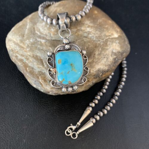 Men's Blue Kingman Turquoise Necklace Pendant | Sterling Silver Navajo Pearls | 13764