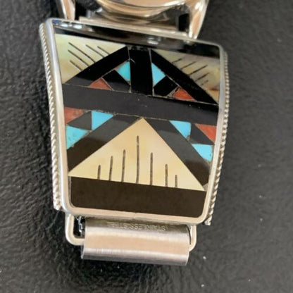 Navajo Men's Watch Tips | Sterling Silver with Onyx, Coral, Turquoise Inlay | Authentic Native American Jewelry | 11576