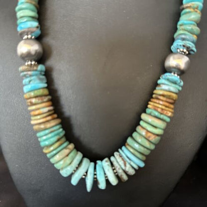Navajo Blue Green Turquoise Bead Necklace | Sterling Silver | Graduated | Authentic Native American | 20" | 14240