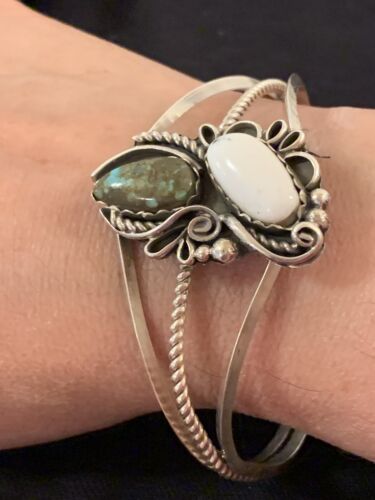 Navajo White Buffalo Turquoise Cuff Bracelet | Sterling Silver | Authentic Native American Handmade | 347