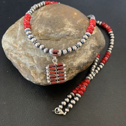 Southwestern Zuni Red Coral Corn Inlay Necklace Pendant | Sterling Silver | 21" | 12588