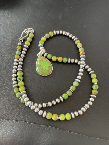 Navajo Pearl Necklace with Green Mojave Turquoise Pendant | Sterling Silver | Authentic Native American Handmade | 10312