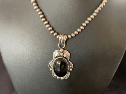 Native American Men's Navajo Pearls Necklace Pendant | Sterling Silver Black Onyx | 13091