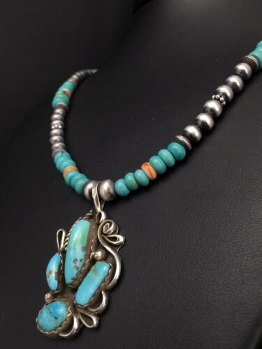 Navajo Blue Turquoise and Spiny Oyster Multi-Stone Pendant Necklace | Authentic Native American Sterling Silver | 21" | 4886 - Masha USA