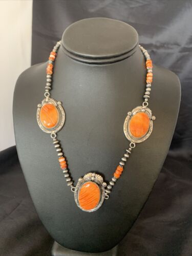 Navajo Pearls Orange Spiny Oyster Necklace Pendant | Sterling Silver | Authentic Native American Handmade | 10818