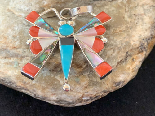 Zuni Turquoise Coral Mother of Pearl Butterfly Necklace Pin Pendant | Inlay | Sterling Silver Inlay | 1369