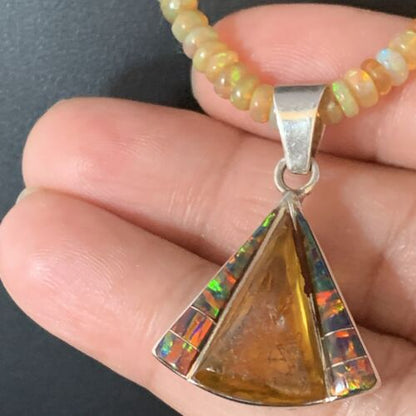 Navajo Yellow Opal Amber Inlay Pendant | Sterling Silver Necklace | Authentic Native American Handmade | 13417