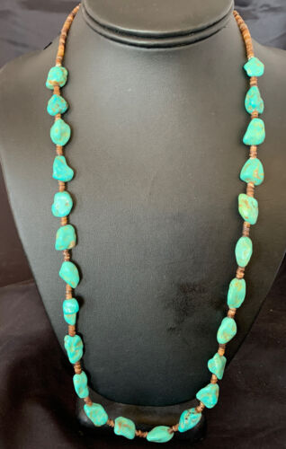 Navajo Pearls Nugget Blue Turquoise Necklace | Sterling Silver Shell | 26" | Authentic Native American Handmade | 12541
