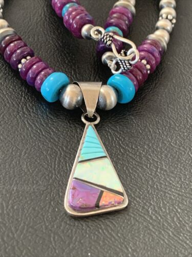 Navajo Purple Sugilite Turquoise Inlay Pendant | Sterling Silver Necklace | Authentic Native American Handmade | 02086