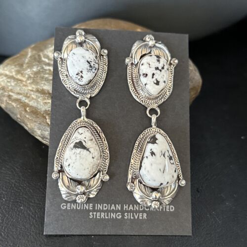 Navajo White Buffalo Turquoise Dangle Earrings | Sterling Silver | 2.5" | Authentic Native American Handmade | 14739