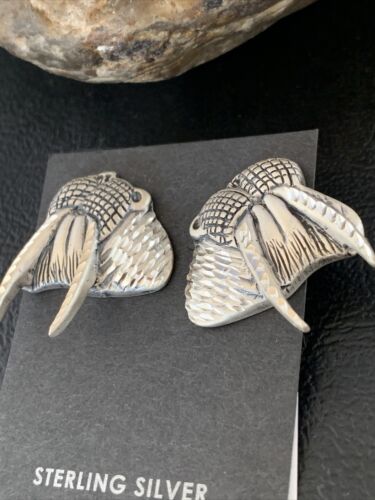 Native American Old Pawn Walrus Sterling Silver Diamond Cut Stud Earrings | 1" | 12993