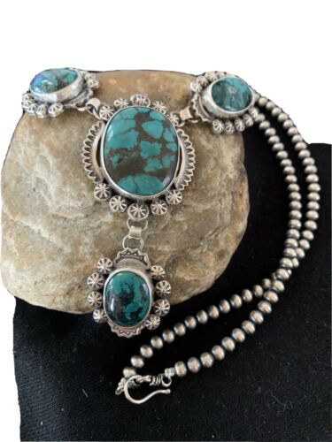 Navajo Lariat Spiderweb Turquoise Pendant Necklace | Sterling Silver | 25" | Authentic Native American Handmade | 01336