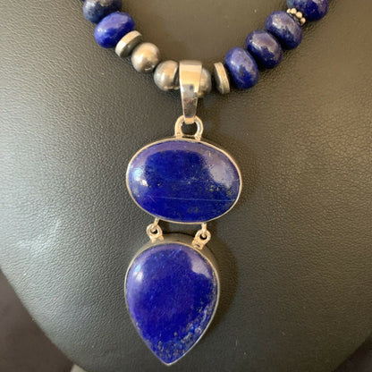 Navajo Sterling Silver Beads Necklace with Lapis Lazuli Pendant | 8mm | Authentic Native American Handmade | 11364