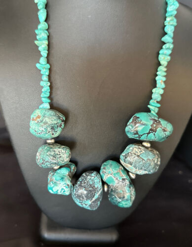Navajo Chunky Blue Turquoise Necklace | Sterling Silver | Authentic Native American Handmade | 20" | 14414 - Masha USA