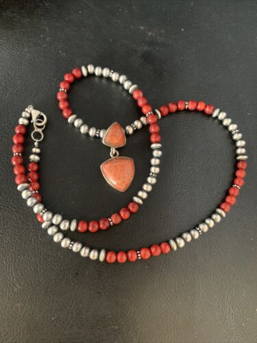 Navajo Red Apple Coral and Multi-Stone Bead Necklace | Sterling Silver | Authentic Native American Handmade | 13414