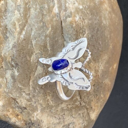 Navajo Navy Blue Lapis Butterfly Ring | Sterling Silver | Sz Adj 8 | Authentic Native American Handmade | 10352