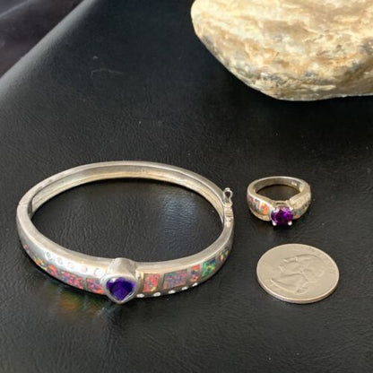 Navajo Sterling Silver Bracelet with Opal and Amethyst | 7" | Ring Sz 6 | Native American Handmade | 13120