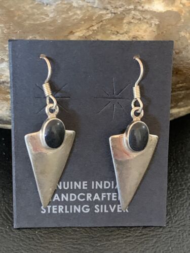 Navajo Black Onyx Drop Dangle Earrings | Sterling Silver | 1" | Authentic Native American Handmade | 12645