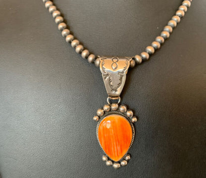 Navajo Orange Spiny Oyster Pendant Necklace | Sterling Silver | Authentic Native American Handmade | 13076