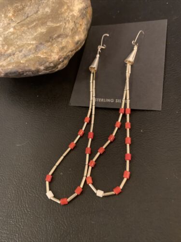 XL Coral Heishi Beads Earrings | Sterling Silver Navajo Pearls | 4" | Authentic Native American Handmade | 13033