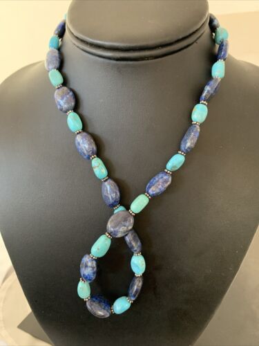Navajo Denim Lapis & Turquoise Beads Necklace | Sterling Silver | Authentic Native American Handmade | 20" | 01038