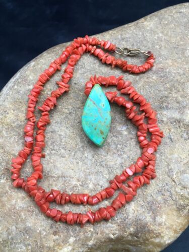 Native American Turquoise Coral Pendant Necklace | Brass Old Pawn | 19" | 4005 - Masha USA