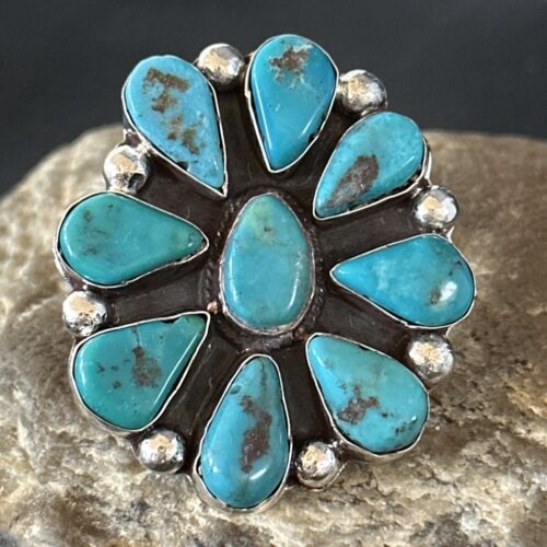 Navajo Blue Turquoise Cluster Ring | Authentic Native American Sterling Silver | Multi-Stone | Sz 7 | 14728