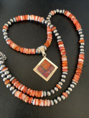 Navajo Pearls Red Spiny Oyster Opal Inlay Pendant Necklace | Sterling Silver | 22" | 12706