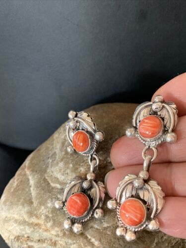 Native American Handmade Navajo Red Spiny Oyster Dangle Earrings | Sterling Silver | 2065