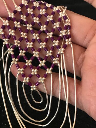 Native American Sugilite Heishi Tubes Necklace | 7 Strand Liquid Sterling Silver | 8560