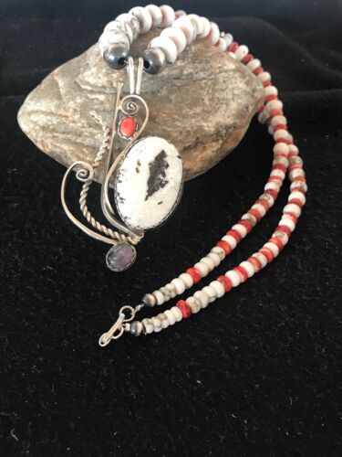 Navajo White Turquoise & Spiny Oyster Pendant Necklace | Authentic Native American Sterling Silver | Multi-Stone | 8645