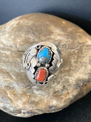 Navajo Feather Ring with Blue Kingman Turquoise, Coral, and Multi-Stone | Authentic Native American Sterling Silver | Sz 11 | 12216
