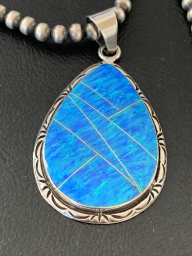 Native American Women's Navajo Blue Faux Opal Pendant | Sterling Silver | 2.30" | 01896
