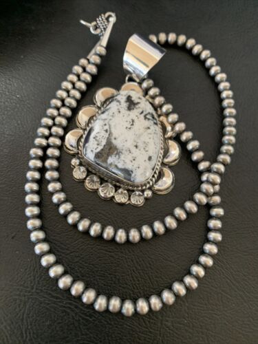 Navajo White Buffalo Turquoise Pendant | Sterling Silver | Authentic Native American Handmade | 11686