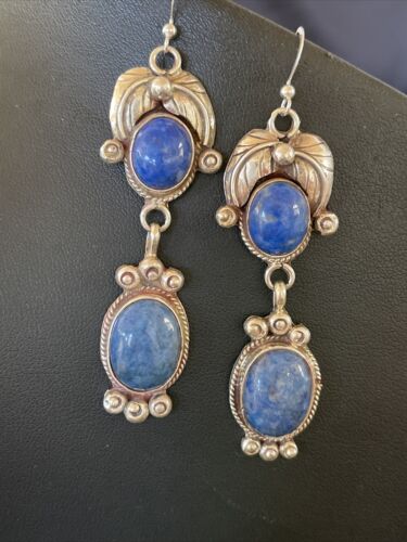 Native American Navajo Denim Lapis Dangle Earrings | Sterling Silver | 2" | 01681