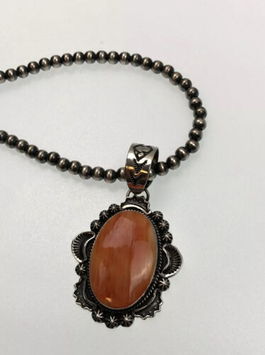 Navajo Pearls Necklace with Orange Spiny Oyster Pendant | Sterling Silver | Authentic Native American Handmade | 11300