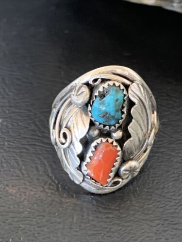 Navajo Blue Kingman Turquoise & Coral Feather Ring | Authentic Native American Sterling Silver | Multi-Stone | Sz 10 | 12218