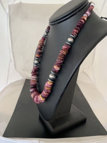 Purple Spiny Oyster Pendant with Sterling Silver Navajo Pearls Necklace | Graduated | Authentic Native American | 17" | 13812