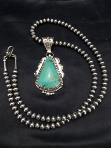 Men's Royston Turquoise Pendant | Sterling Silver Navajo Pearl Necklace | Authentic Native American Handmade | 2525