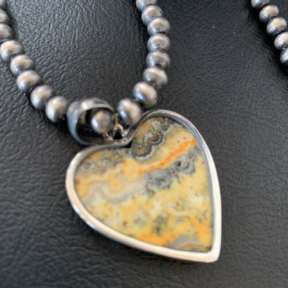 Navajo Heart Yellow Bumblebee Jasper Pendant | Sterling Silver Necklace | Authentic Native American Handmade | 12813