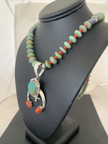 Navajo Royston Turquoise Coral Naja Pendant Necklace | Authentic Native American Sterling Silver | Naja | 1402