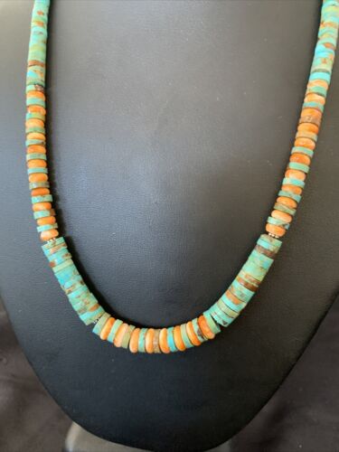 Navajo Green Turquoise & Orange Spiny Oyster Graduated Heishi Necklace | Sterling Silver | Authentic Native American | 20" | 11774