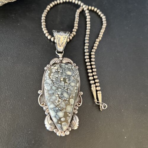 White Buffalo Turquoise Necklace Pendant with Pearls | Sterling Silver | Authentic Native American Handmade | 14805